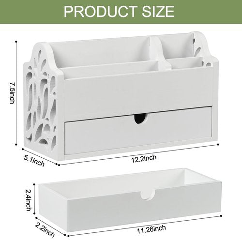 Dhmkfly Desk Organizer with Drawer Wood File Office Mail Organizer Countertop-5 Slot Tabletop Storage Pen Organizer Letter Holder for School Home Office Supplies (White)