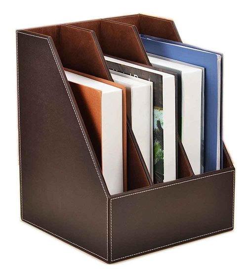 Vertical Style,Leather Magazine Holder Office Desk Organizer File Document Tray Box Bookends Book Stand (Coffee (3 slot))
