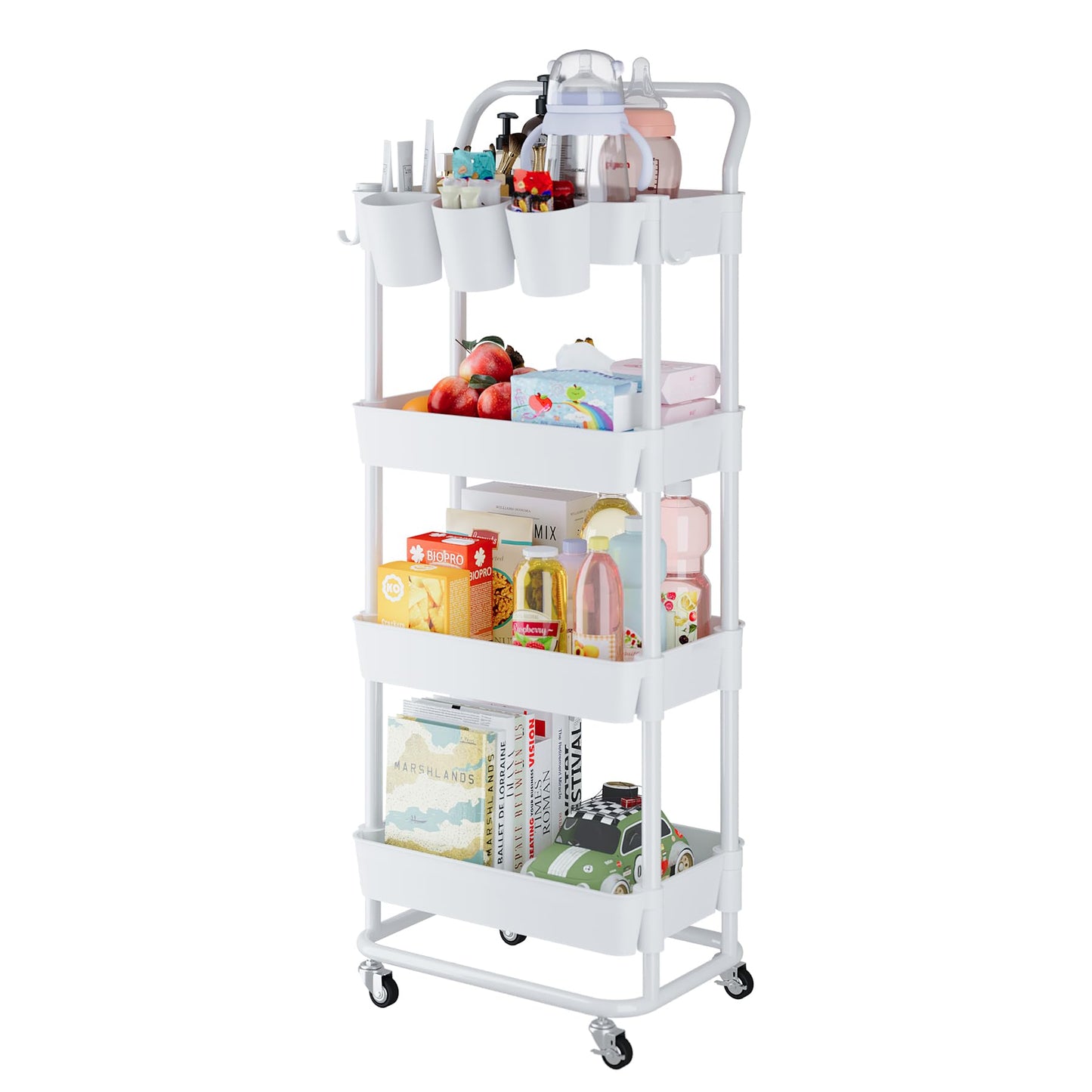 Buzowruil 4-Tier Rolling Utility Cart, Storage Cart with Handle Multi-Purpose and Locking Wheels,with Hanging Basket and Hook for Office, Kitchen, Bathroom,White
