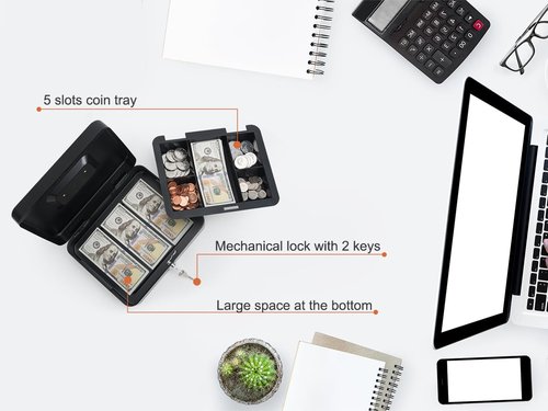 Cash Box with Money Tray - Large Money Box with Lock, Metal Safe Box for Money 9.84" x 7.87" x 3.54" Black