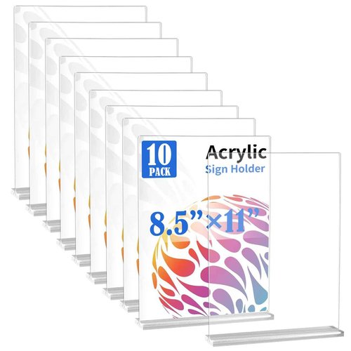 WAEFNO 10 Pack Acrylic Sign Stand 8.5 X 11, Vertical T-Shape Clear Plastic Display, Double-Sided Clear Table Top Sign Holder, Suitable for Office, Store