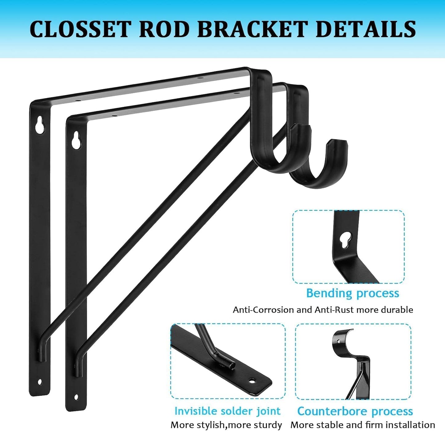 10PCS Heavy Duty Closet Rod Bracket, 11 x 11 Inch Closet Shelf Brackets,Supports 300 lbs,Wall Mount Closet Rod Supports Bracket Hook with Screws, Closet Rod Holders for Home and Closet Decor(Black)