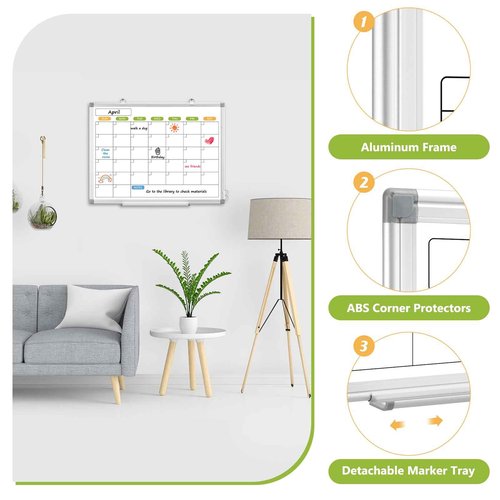 Dry Erase Calendar Whiteboard for Wall, 24" x 18" Magnetic Monthly White Board Calendar, Hanging Double-Sided White Board for Planning, Memo, School, Home, Office