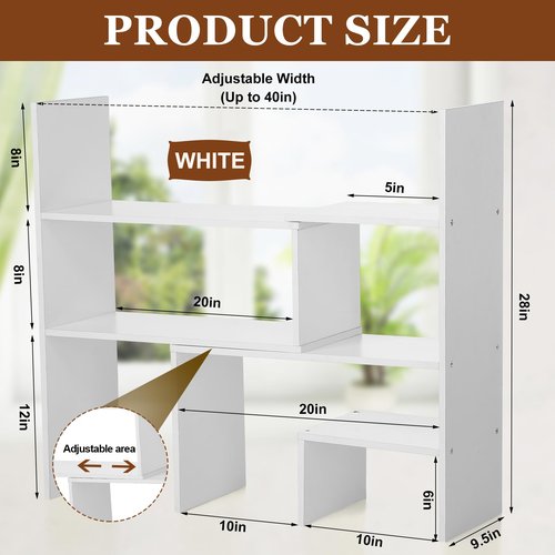 Briwooody Expandable Dorm Desk Dutch Adjustable Desktop Bookshelf Wooden Desktop Storage Organizer Bookcase Cubby Book Rack for College Dorm Home Office Furniture(White)