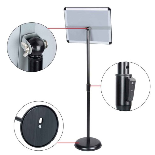 AkTop Adjustable Poster Sign Stand, 11 X 17 Inch Heavy Duty Pedestal Floor Standing Sign Holder, Black Snap-Open Aluminum Frame with Safety Rounded Corner