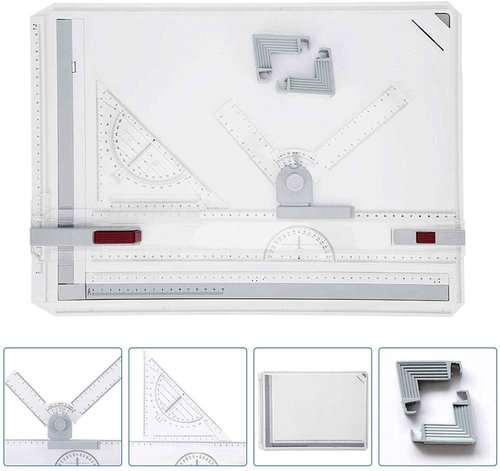 GOTOTOP Drawing Table Board A3 Drafting Board Table Adjustable Measuring System Angle Parallel Motion Drawing Board with Protractor,Paper Locater, Sliding Ruler,Anti Slip Support Leg Office Tool Table