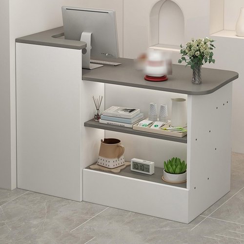 Reception Counter Table, L-Shape Cashier Cabinet With Open Shelves, Modern Retail Checkout Counter With Drawers, Welcome Desk for Convenience Store, Hotel, Beauty Salon