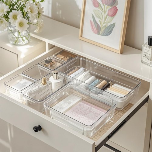 Pansente 25 PCS Adjustable Desk Drawer Organizer, Acrylic Clear Drawer Organizers, 3 Size Desk Drawer Organizer for Cosmetics, Jewellery, Office, Gadgets, Kitchenware