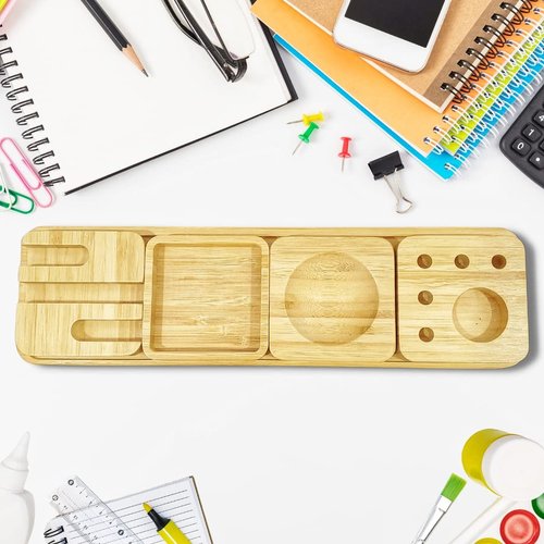 Desk Organizer - Slab. Modular Bamboo Organizer with Pen Holder, Phone Stand, Notes Tray and Clips Holder. Beautifully Designed for Home, School & Office (Wood)