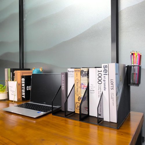 RHONZHAO 2 Set Desk Organizers, Metal Desk Magazine File Holder and 1 Pen Holder, 2 Compartments Mesh File Holder, Mesh Desktop Organizer and Storage,Black