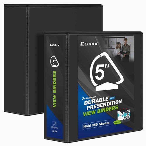 Comix Durable 3 Ring Binder, 5 inch D Ring Binders, Hold 950 Sheets of US Letter Size Paper, 2 Pack (Black)