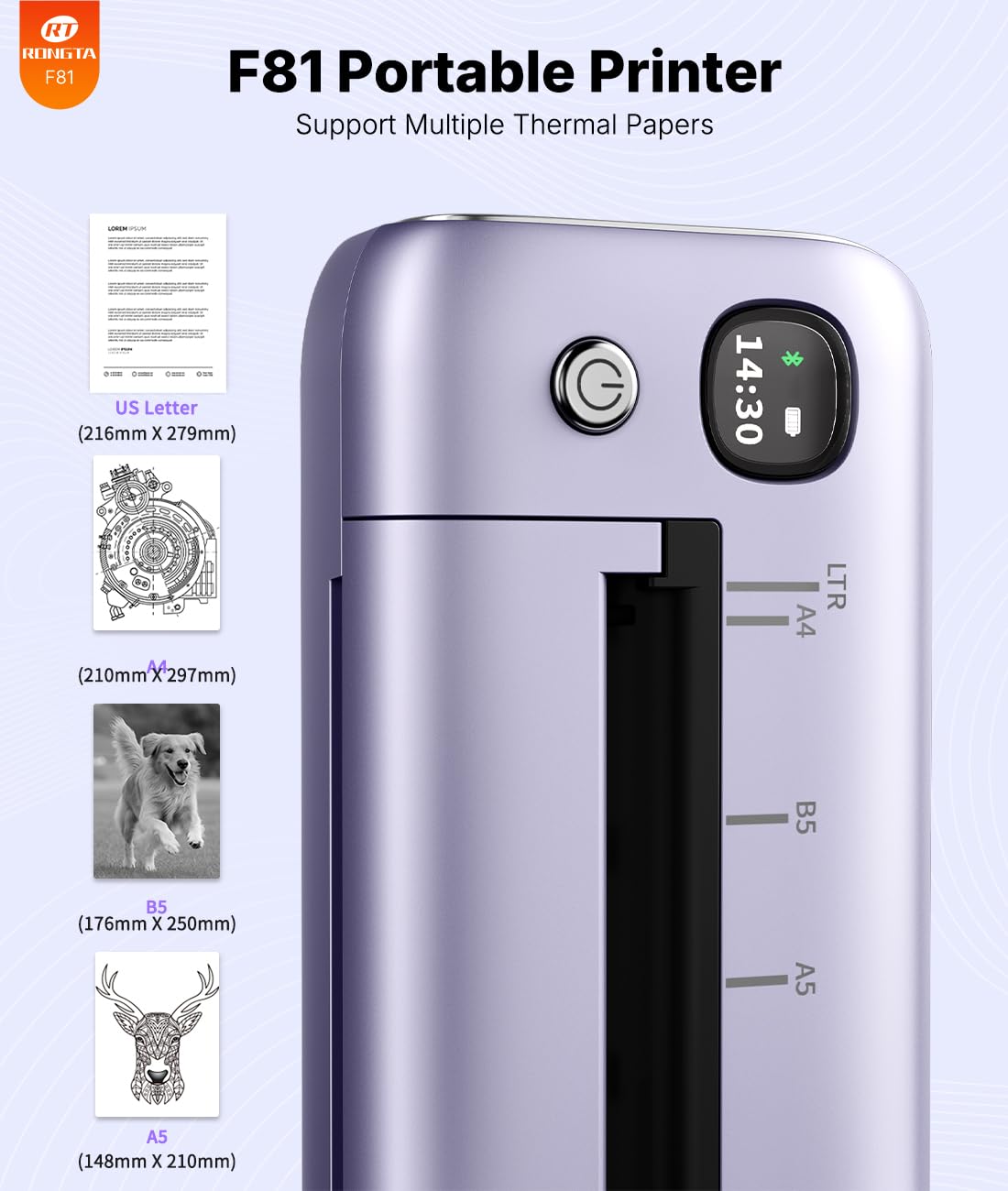 Rongta Portable Printers Wireless for Travel, Bluetooth Mobile Printer, Thermal Inkless Printer for School/Office/Home Use, Compatible with Android,iOS & Laptop (Purple)