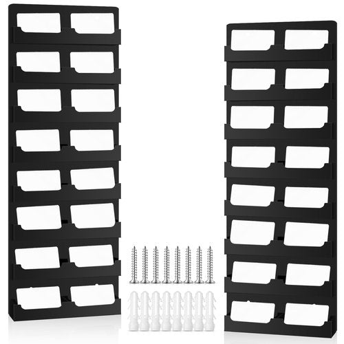 Geelin 2 Pcs Business Card Holder with Hanging Hardware Black Acrylic 16 Pocket Business Vertical Organizer Wall Mount Sticker Display Rack Pre Drilled Organizing Stand for Office Home (Vertical)