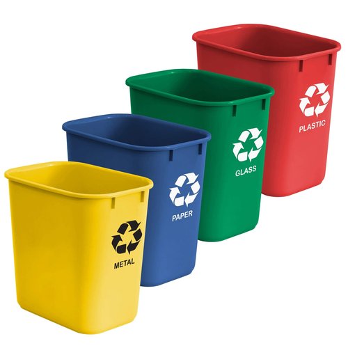Acrimet Wastebasket Bin for Recycling, 6.75 Gallon/ 27 Quart/ 25.552 Liter (Made of Plastic) (Metal/Yellow, Paper/Blue, Glass/Green, Plastic/Red) (Set of 4)