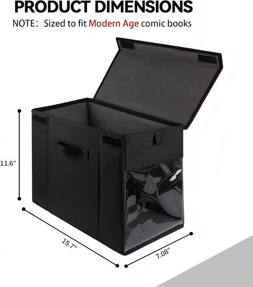 Comic Book Storage Box - 2 Pack Collapsible Organizer with Lid & Clear Window | Heavy Duty Black