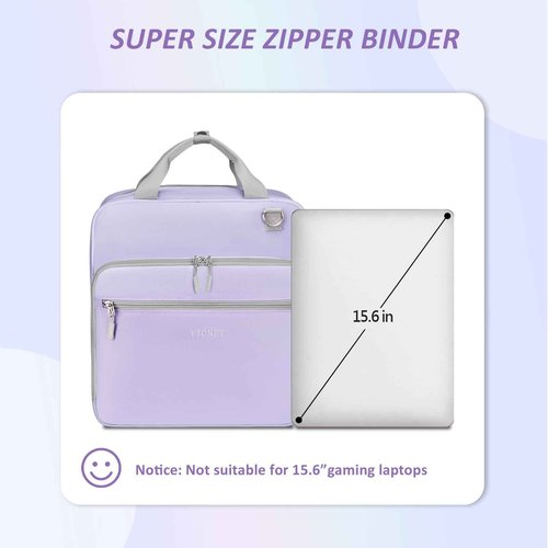 Ytonet Zipper Binder with Shoulder Strap, 3 Inch 3 Ring Binder with Zipper, 600 Sheets Large Capacity Waterproof School Binders Organizer for Girls Students Fit 15.6 Inch Laptop, Purple