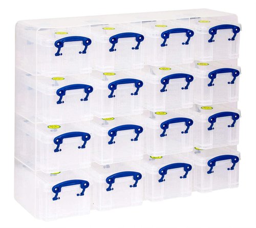 Really Useful Plastic Storage Box 0.3 Litre Organiser Pack (16 x 0.3L) Clear Frame with Clear Boxes