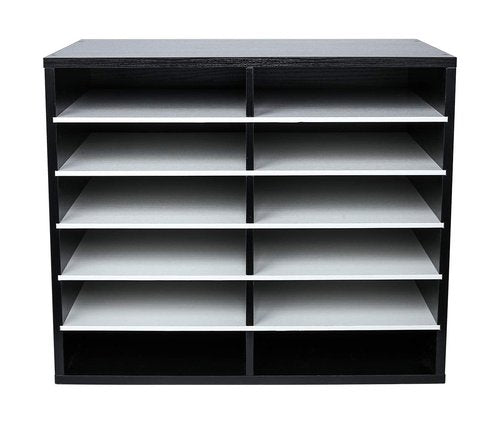 EasyPAG Mail Organizer Countertop, Wood Literature Organizer, Student Classroom Mailbox for School, Desktop Paper Sorter for Office Home, 12 Compartments, Black/White