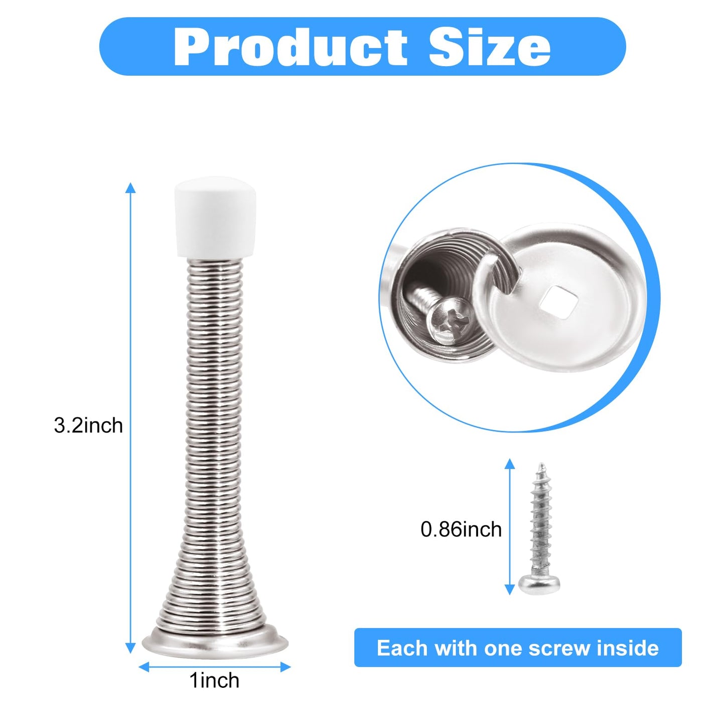 6 Pack Spring Door Stopper 3.2 Inch Flexible Heavy Duty Spring Door Stop with RustProof Screw Rubber Bumper Tips, Wall Protector for Home, Office, Kids Room – Easy Install, Satin Nickel Finish