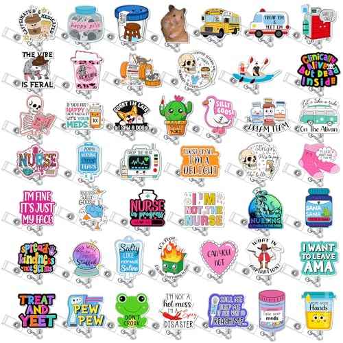 48 Pcs Funny Nurse Badge Reels Bulk Cute Retractable ID Holder Clip Name Tag Badge Reels Funny Nursing Gifts for Medical Staff Nurses Doctors Employees Fun Message Accessories