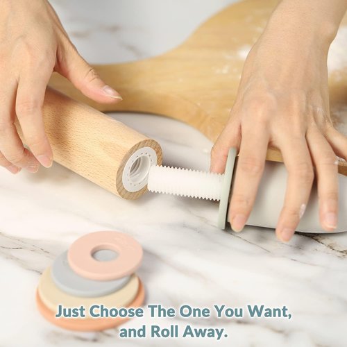 Geesta Adjustable Wood Rolling Pin - 5 Thickness Rings for Precise Dough Rolling | Ideal for Baking Cookies, Pie Crusts, and Fondant