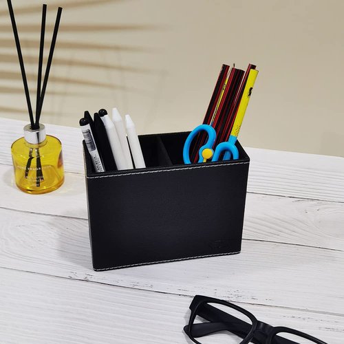 Fosinz Pen Pencil Holder Cup Container PU Leather Desk Organizer Stand Decor Brush Scissor Holder Decoration Office Desk Home School