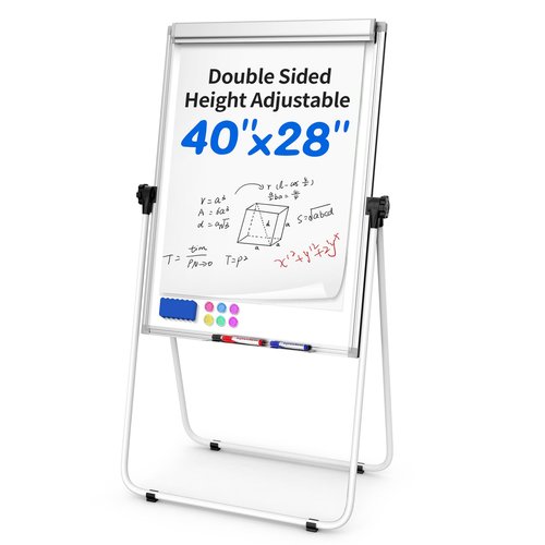 DexBoard U-Stand Double Sided 40" x 28" Magnetic Dry Erase Easel, Height Adjustable & 360° Rotating Whiteboard with 1 Eraser, 6 Magnets and Paper Pads