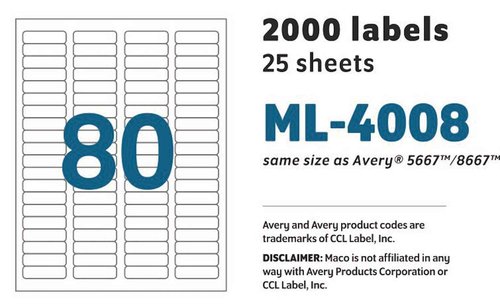 MACO Laser/Ink Jet Glossy Clear Return Address Labels, 1/2" x 1-3/4", 80 per Sheet, 2000 per Box (ML-4008)