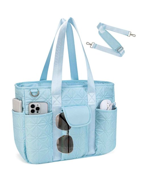 GreenTribes Work Tote Bag for Women with 15.6 Inch Laptop Compartment Quilted Nurse Bag for Work with Shoulder Strap, Zipper and Pockets (Blue)