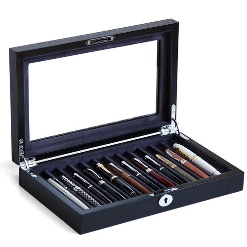 Bonaking Wood Pen Display Case with 12 Pens, Fountain Pen Display Box, Lockable Pen Storage Box with Glass Top, Pen Box Organizer, Pen Collection Display Case (Black with Gray Velvet)