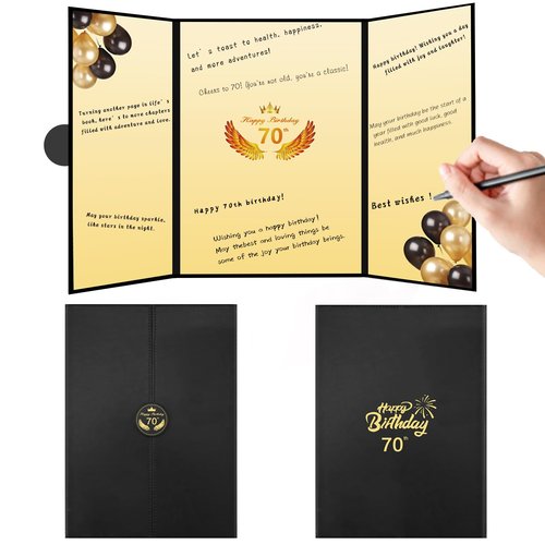 Kangmagitok Black Gold PU Leather Meaningful Happy 70th Birthday Party Decorations Card Guest Book Ideas Supplies for Women Men Dad to Sign Funny Cheers to 70 Years Old Table Decor Favors