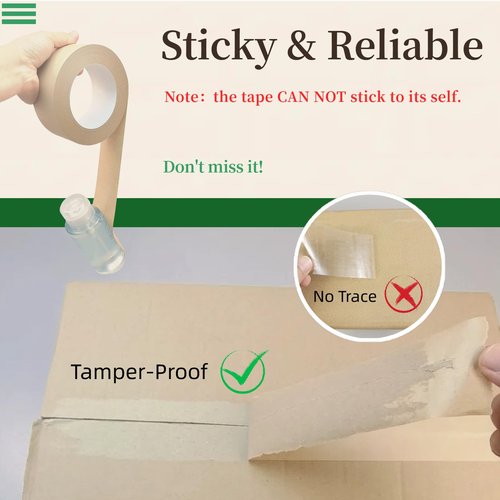 Hijelyn Eco-Friendly Brown Packing Tape 2 Rolls Recyclable Kraft Paper Tape for Moving & Shipping Boxes, Odorless and Quiet, Carton Sealing Storage Packaging Supplies, 2 Inch x 66 Yards/per roll