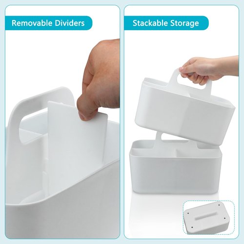 giteo bedding Desk Organizer with Handle, 2 Pcs Plastic 5-Compartmen Storage Caddy, Stackable Portable Container for Office, Bathroom, Craft, Cupboards (White)