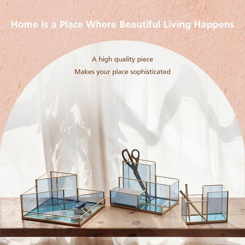 FONDAZZA Gold & Blue Glass Desk Organizer - Elegant Office Decor, Aesthetic Makeup Brush Holder, 2-Compartment Pen Holder, Pencil Cup, Vanity & Cosmetic Storage, Desk Accessories for Women