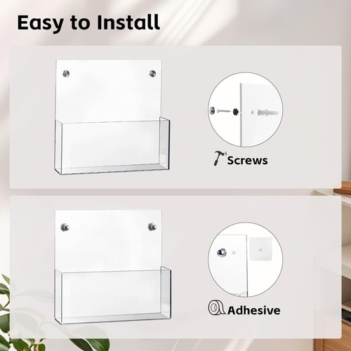 Hanging Wall File Organizer, 2 Pack, Clear Acrylic, Large, Space Saving, Office Wall Mount File Holder with 2 Mounting Options, Mail Holder for Magazine, Mail, Paper, Folders, Document, 12.99x 11.8 In