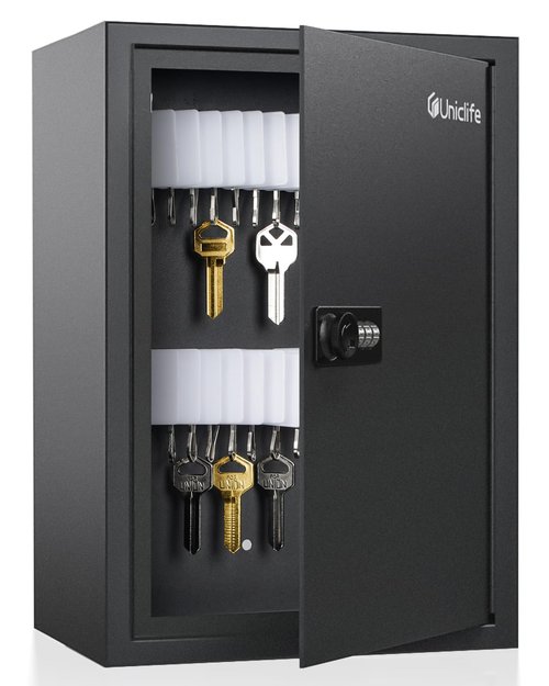 Uniclife 40 Position Slotted Key Cabinet with Combination Lock Resettable Black Digital Security Storage Box Steel Key Organizer with Slotted Racks White Key Tag Labels and Permanent Pen