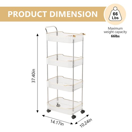 4-Tier Acrylic Rolling Storage Cart, Rolling Utility Cart, Kitchen Storage Cart with Wheels for Bathroom,Living Room, Kithcen, Office Storage and Organization (14''X10''X37'')(Clear)