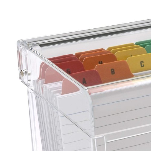 OSCO Clear Acrylic Index Box | Small | A to Z Divider Tabs | 100 Lined Note Sheets Included (5" X 3") | Ruled Revision Flash Cards | Recipe Notes | Contacts Filing | Fits 127 x 76 mm
