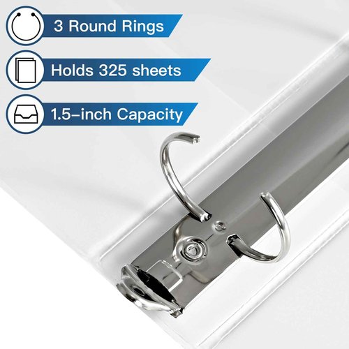 1.5-inch 3 Ring-Binder with 2 Interior Pockets, Premium 1.5''-Binders Holds 325 Sheets US Letter Size 8.5'' x 11'' Paper - Durable, Versatile Binders for Office, Home, and School Use, 6 Pack (White)