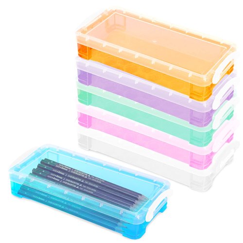 6 Packs Plastic Pencil Box, Stackable Clear Plastic Pencil Case Large Capacity Office Supplies Storage Organizer Box Brush Painting Pencils Storage Container Clear Stationery Case for Kids School