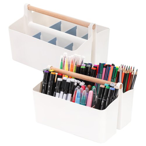 Frcctre 2 Pack Plastic Portable Organizer Caddy Tote with Handle, Stackable 8 Slots Storage Organizer Bin with Adjustable Dividers for Home Bathroom Classroom Art Crafts Storage Supplies