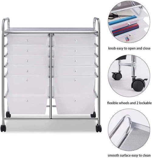 FANTASK 12-Drawer Rolling Storage Cart, Multipurpose Organizer Utility Trolley on Wheels, Tools Scrapbook Paper Organizer for School, Office, Home, Beauty Salon (Clear)