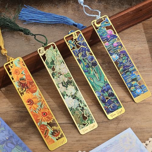 4 Pieces Golden Hollow Metal Bookmarks with Tassel - Oil Painting Theme, Flowers Variation for Book Lovers & Readers