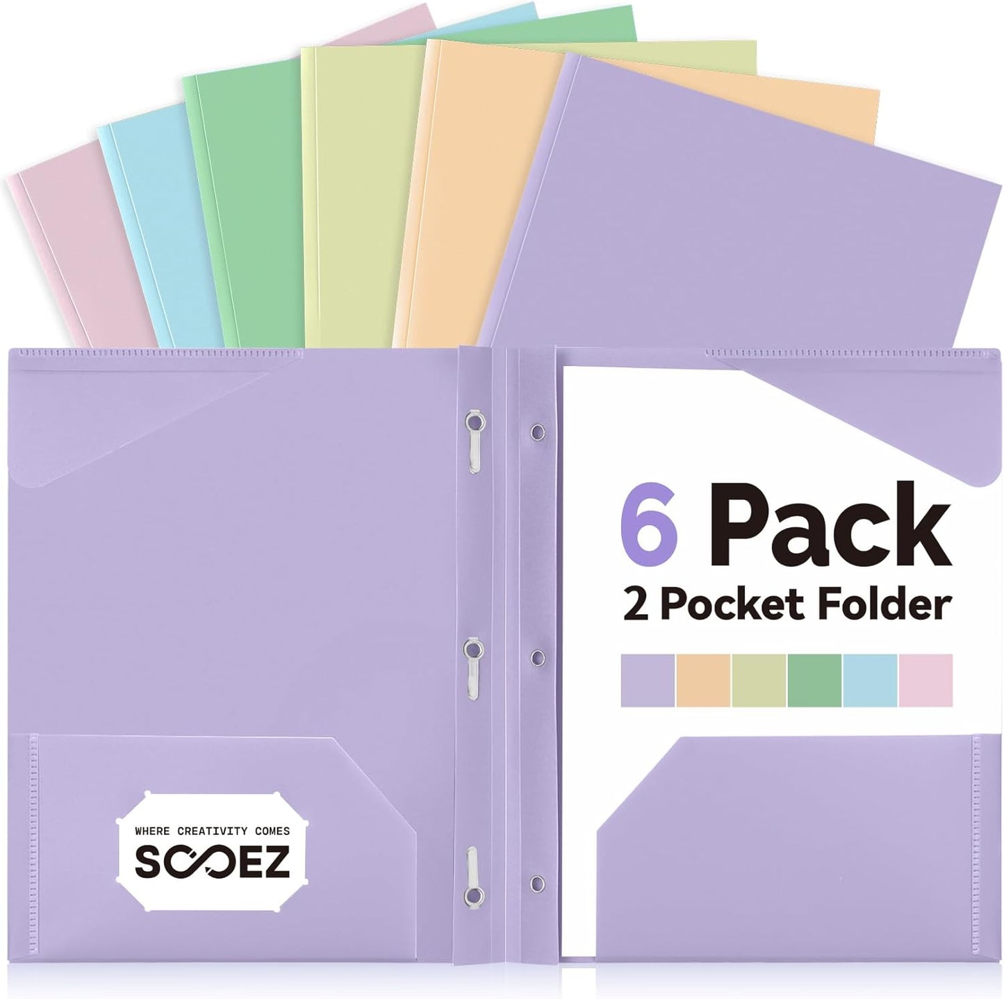 Sooez File Folders - 6 Pack Pastel Colors with Pockets & Prongs | Aesthetic School Supplies