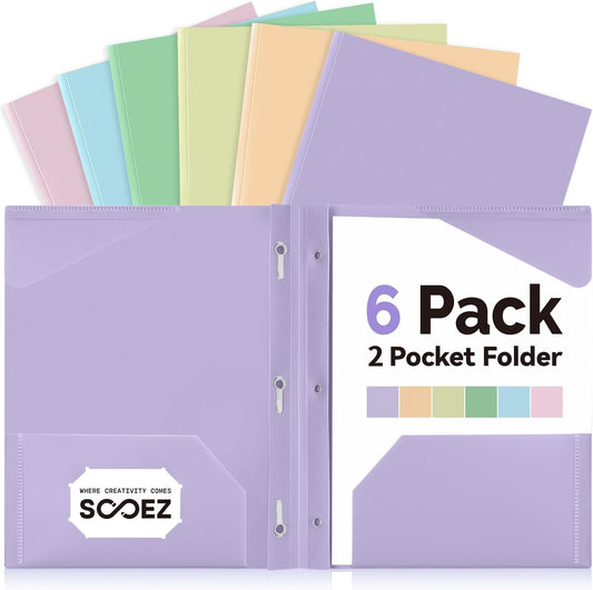 Sooez File Folders - 6 Pack Pastel Colors with Pockets & Prongs | Aesthetic School Supplies