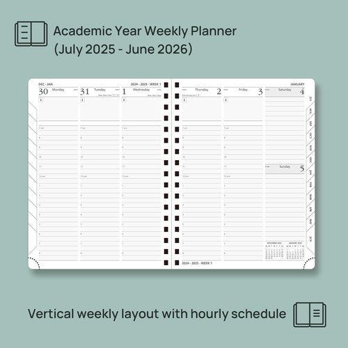 POPRUN Planner 2025-2026 (Medium - 6.5'' x 8.5'') Academic Weekly Calendar (July 2025 - June 2026) with Hourly Time Slots, Monthly Tabs, 100GSM Thick Papers, Spiral Leather Cover - Brown