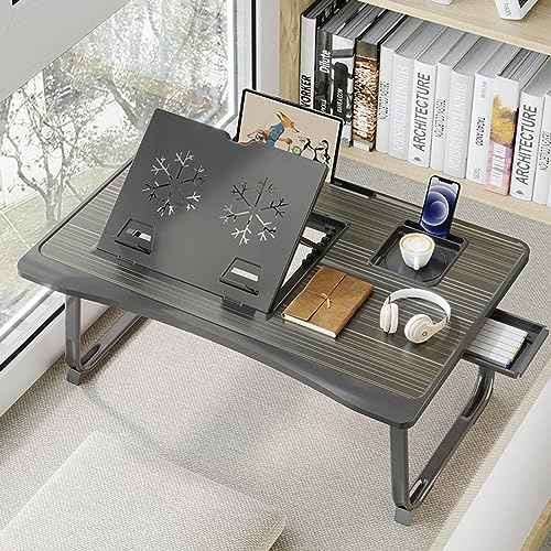 Laptop Desk for Bed, Adjustable Laptops Stand with 6 Different Angles, Portable Lap Tray Table with Storage Drawer and Cup Holder, Laptop Bed Desk Tray for Eating Working Writing Reading (Black)