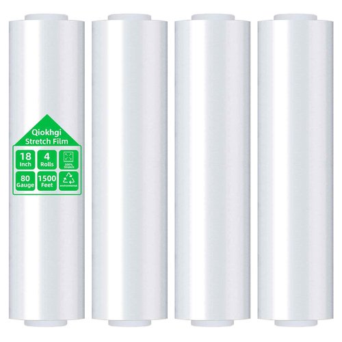 18in Clear Stretch Wrap Roll, Heavy Duty 1500ft Shrink Wrap Roll, 80 Gauge Industrial Strength Stretch Film, Stretch Wrap for Moving, Plastic Wrap for Moving Pallet Wrapping Shipping(4 Rolls)