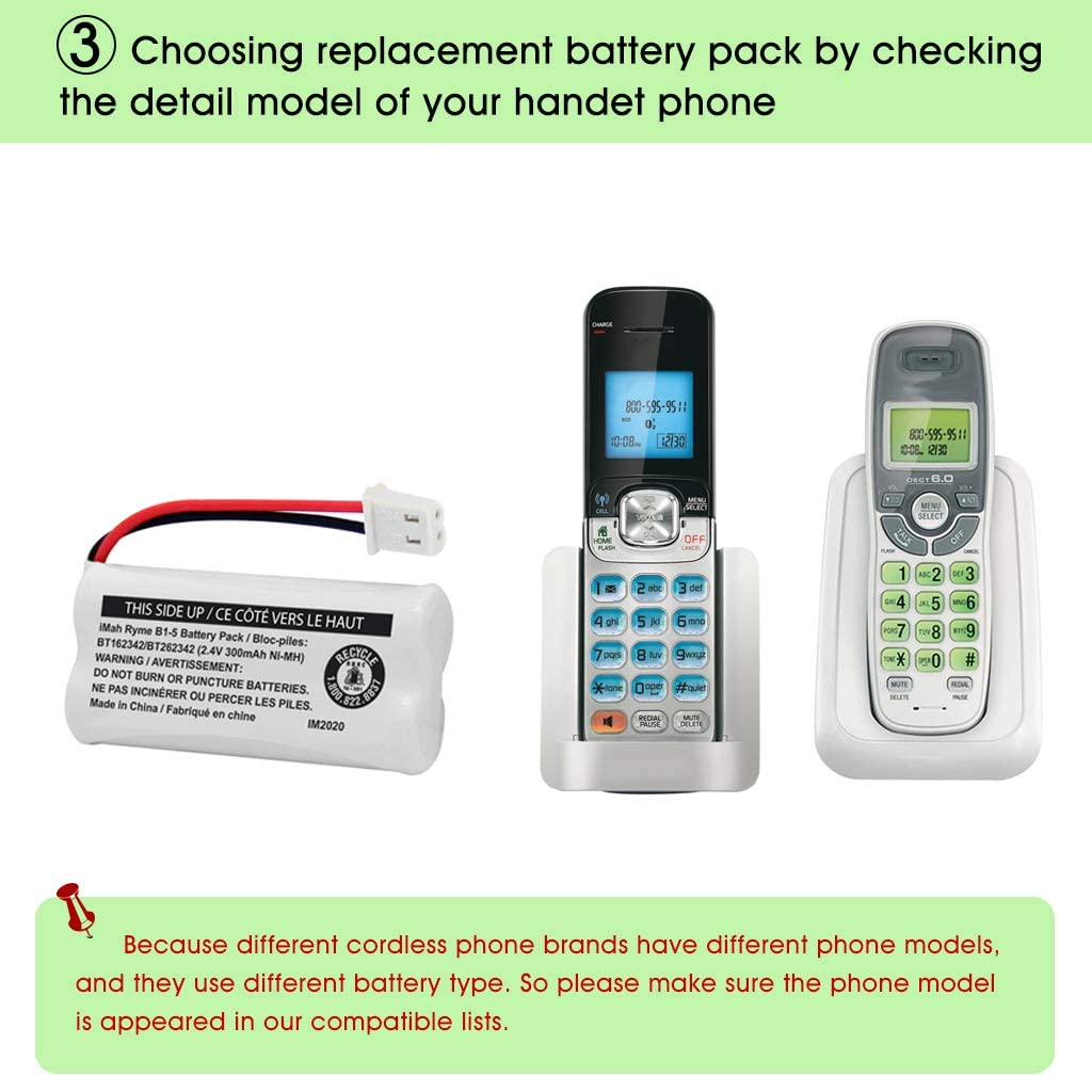 iMah BT162342/BT262342 2.4V 300mAh Ni-MH Cordless Phone Battery Pack, Also Compatible with BT183342/BT283342 AT&T EL52351 TL90070 VTech CS5119 DS6511 DS6722 LS6305 Handset, 2-Pack