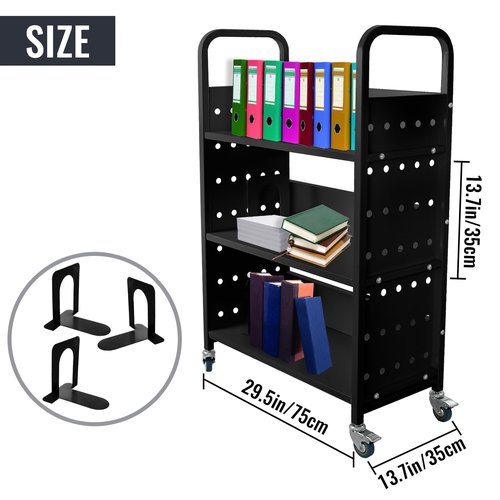 OUKIDR Book Cart, 200LBS 3-Shelf Library Cart, Single Sided V-Shaped Rolling Book Cart with 2 Lockable Wheels for Home Shelves Office School Book Truck, Black
